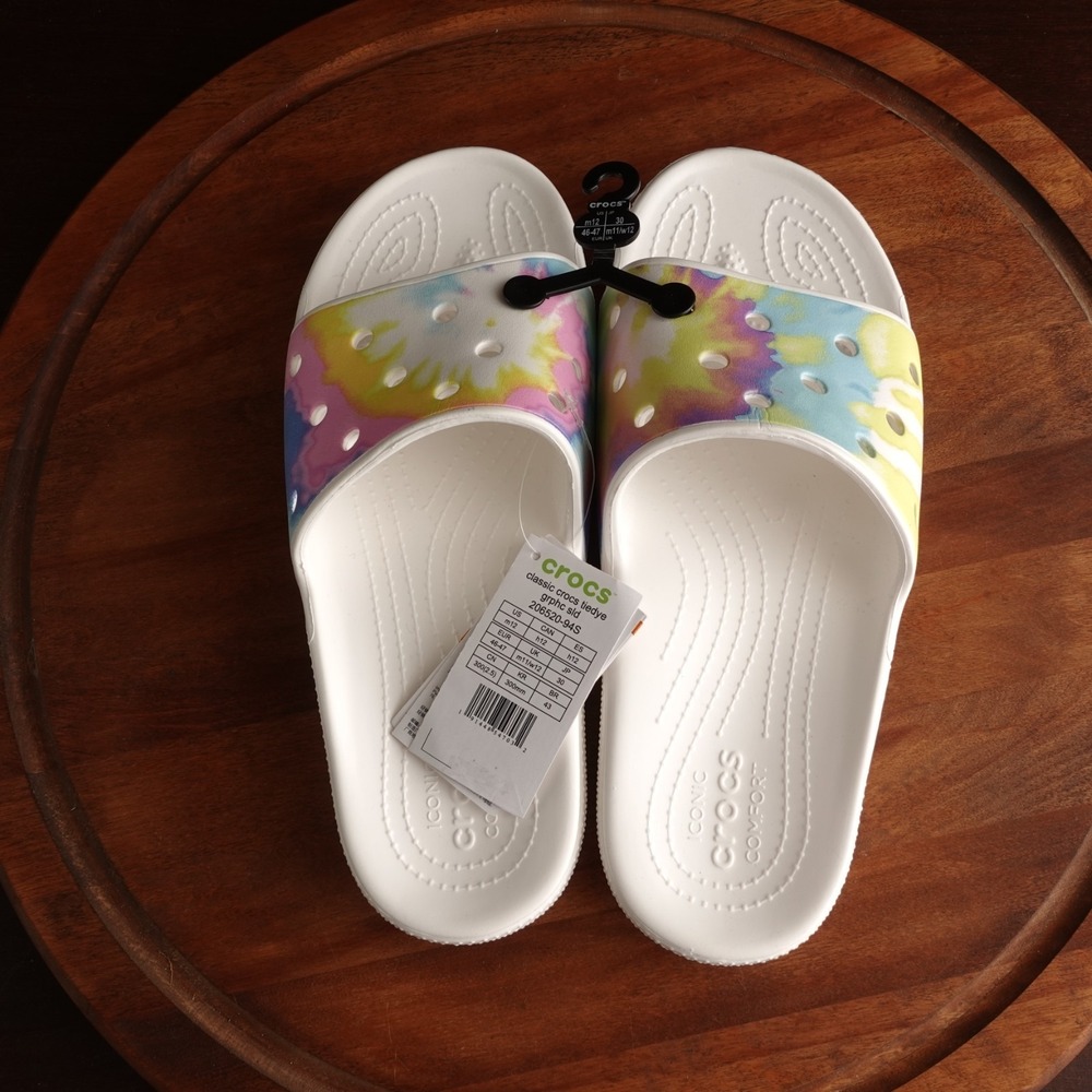 Crocs Sandals Mens SZ M12 White Tiedye Classic Slide Waterproof Pool Shoes NWT